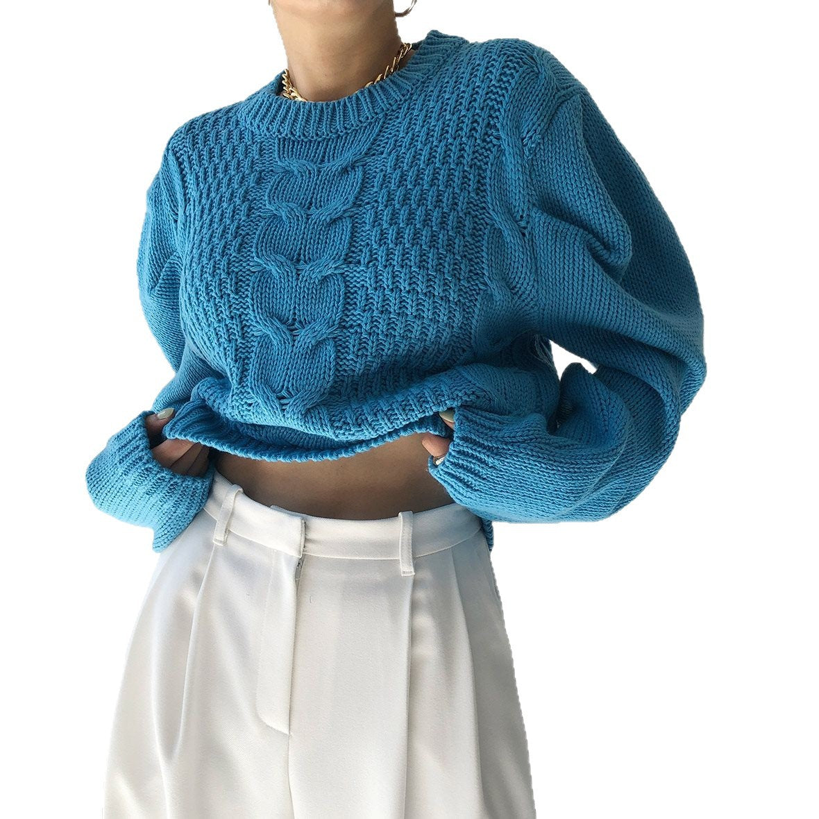 Loose-fitting Cable-knit Long-sleeve Sweater for Women