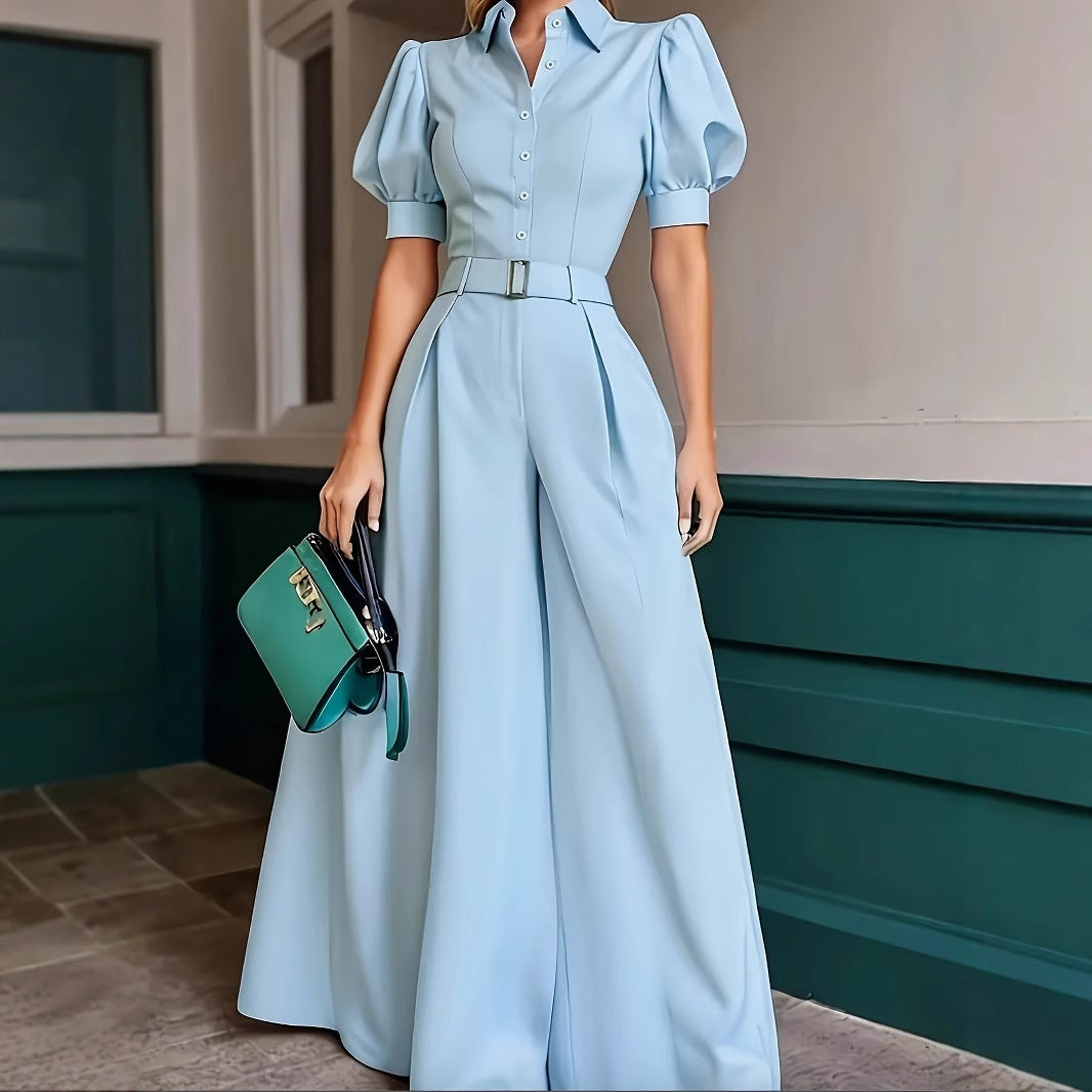 Elegant French Puff Sleeve Belted Wide-Leg Jumpsuit