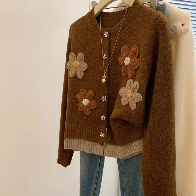 Korean Style Flower Loose Sweater Women's Autumn and Winter Lazy Embroidery