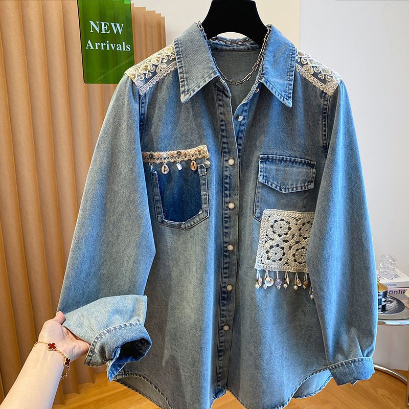 Loose-fit Lace Epaulette Patchwork Shirt Jacket Top