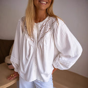 Crochet Hollow-Out Lace Trim Womens Spring Loose All-Match Youthful Shirt Top