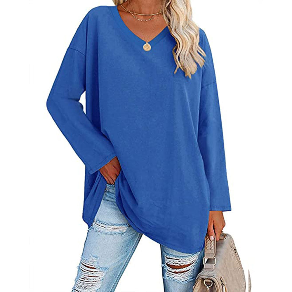 Oversized V-Neck Drop-Shoulder Casual Cotton T-Shirt