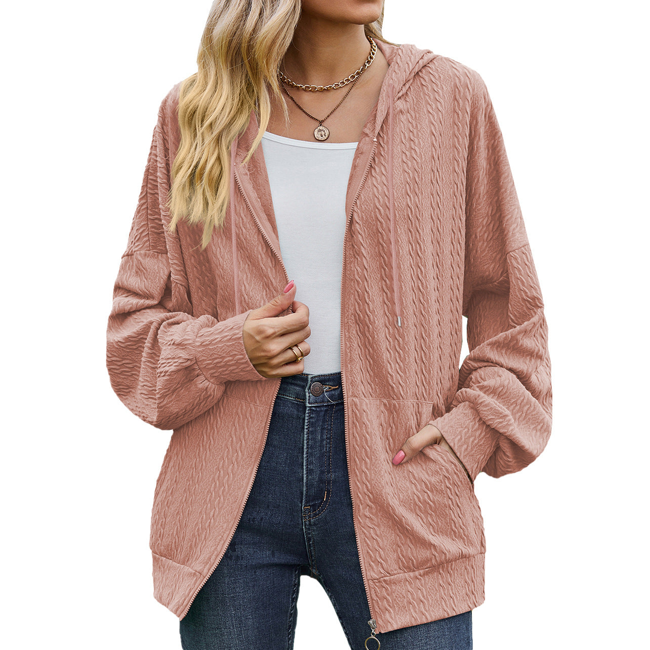Women's V-Neck Zip-Up Loose Casual Sweater Coat