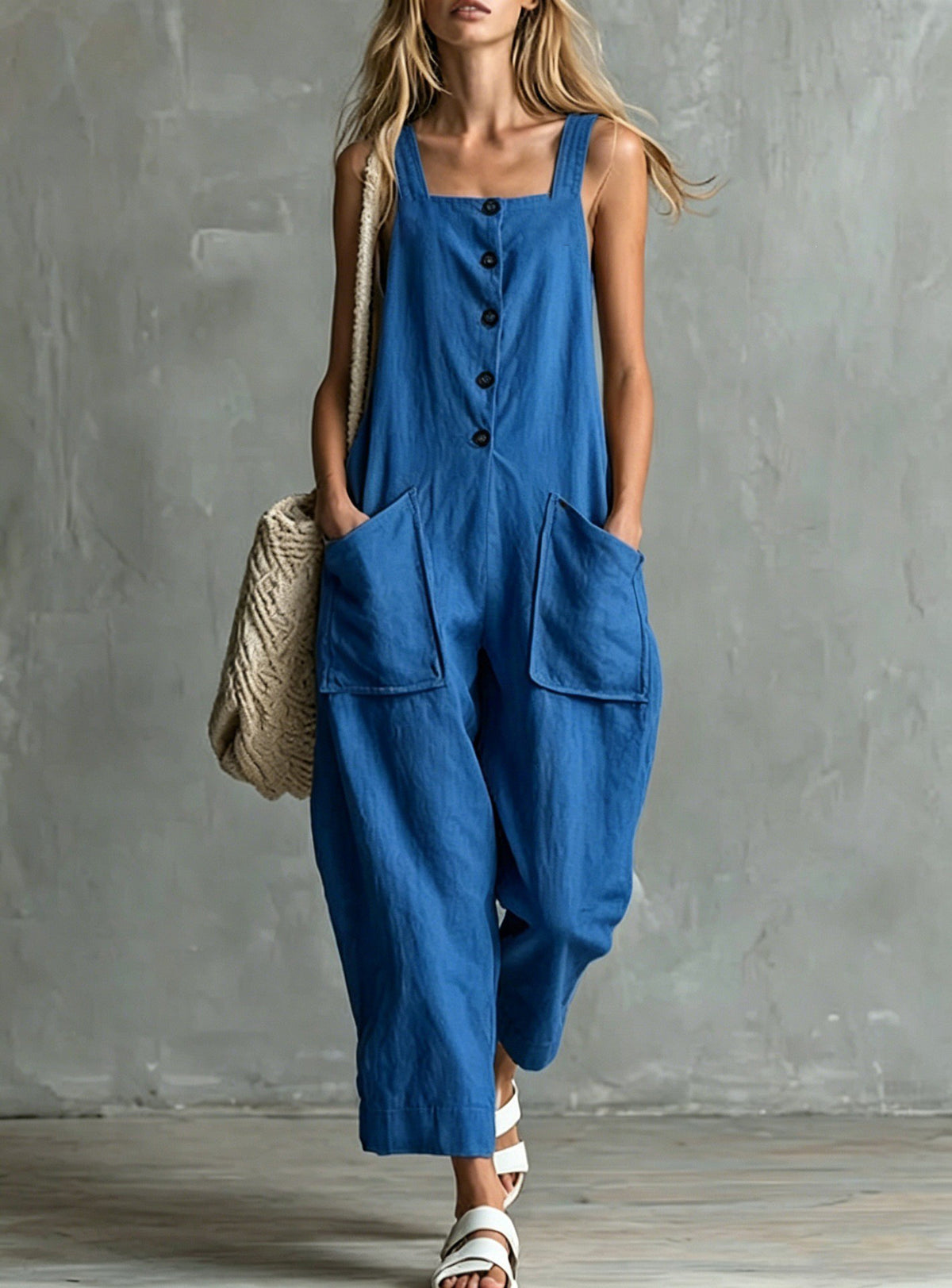 Wide-Leg Linen Overalls with Pockets