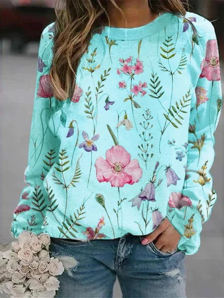 Floral 3D Round Neck Pullover Sweater