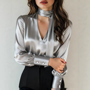 Elegant Silver-Gray Long Sleeve Commuter Top – Professional Fit