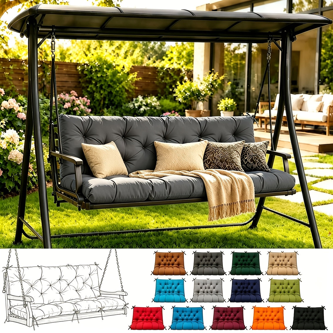 Porch Swing Cushions, Outdoor Replacement Cushions with Backrest, Waterproof Bench Cushion with Ties, for Patio Porch Garden Backyard, 5In 60 Inch 3 Seater, Sky Blue 60 X 40In 47 X 40In 40 X 40In