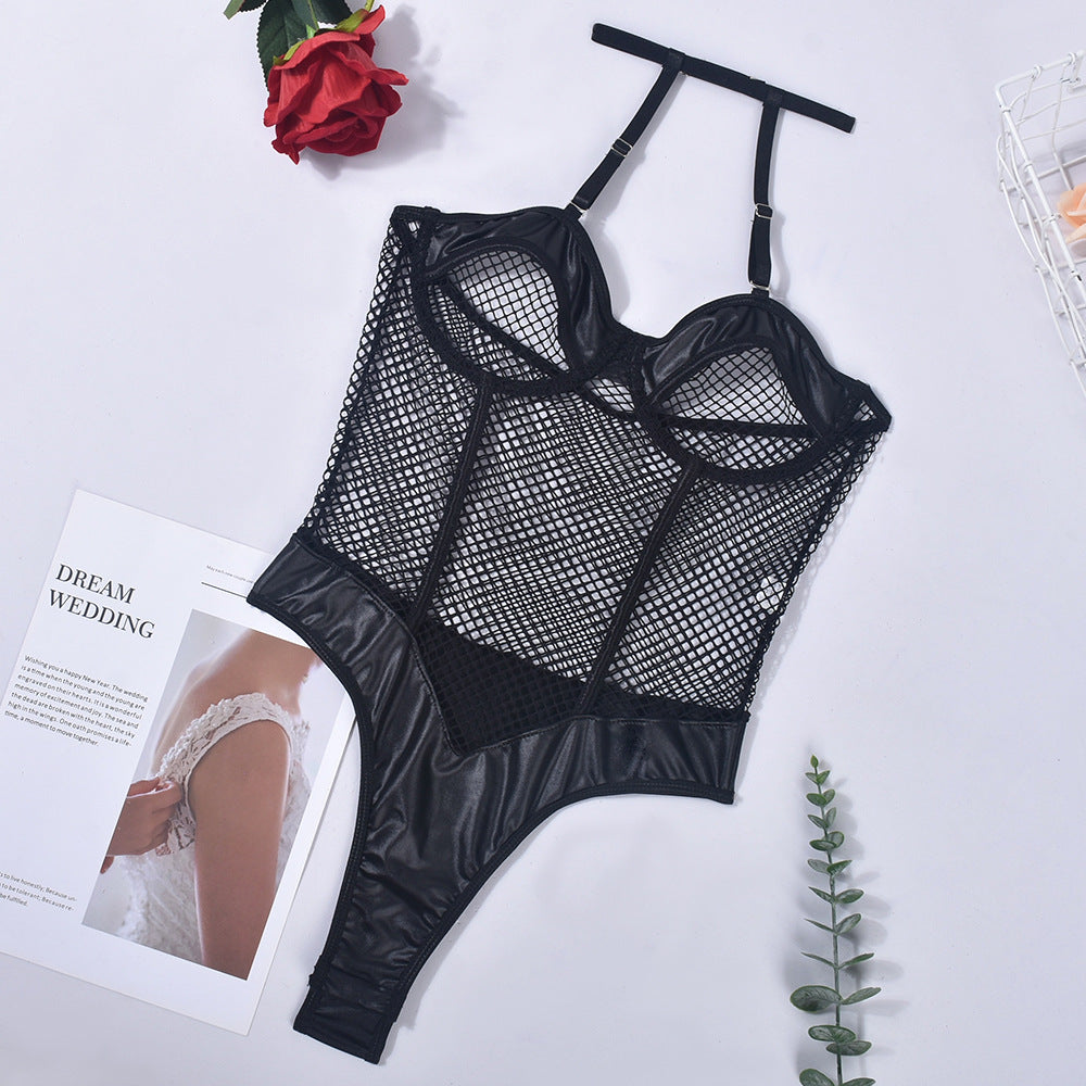 Women's Faux Leather Halter Jumpsuit with Fishnet