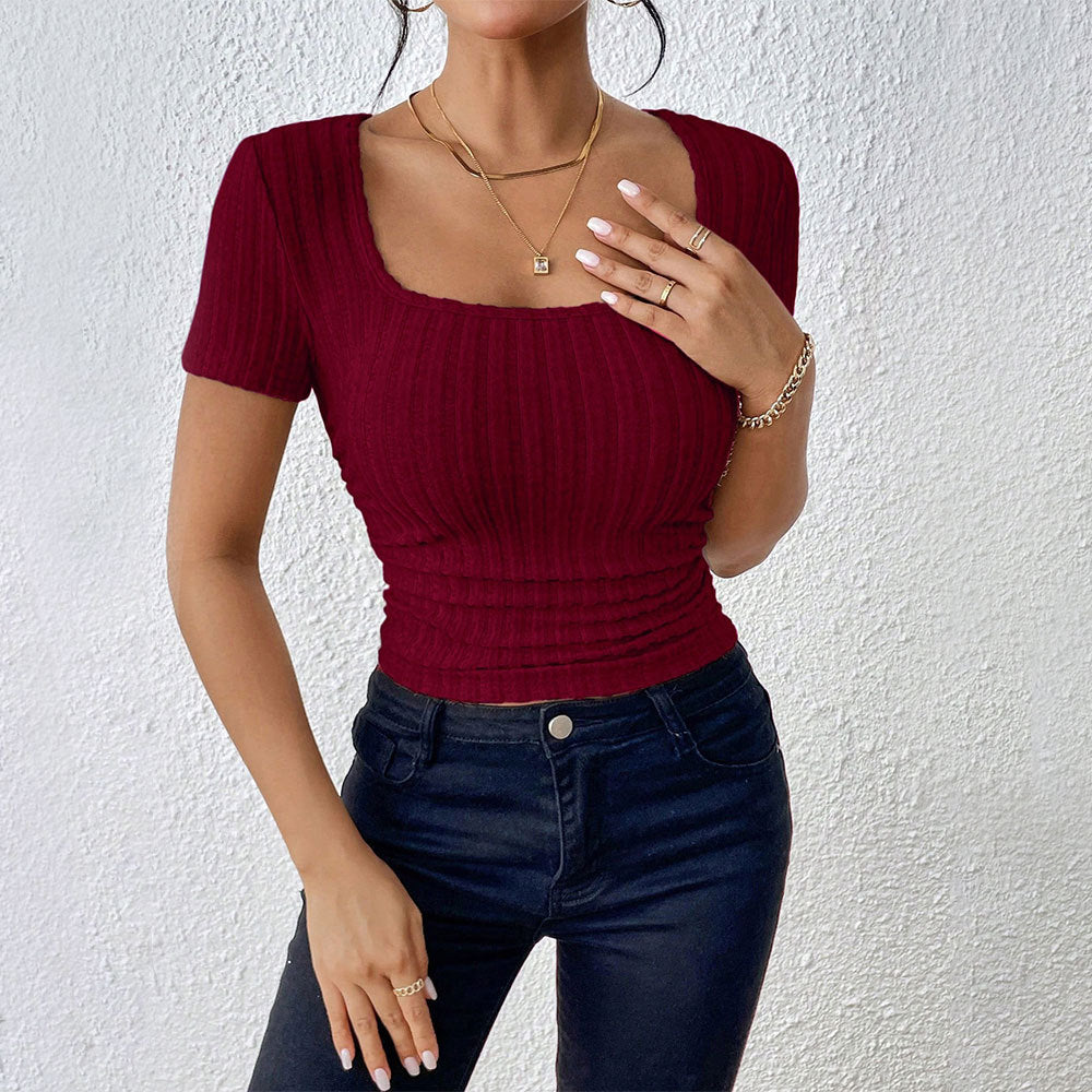 Elegant Burgundy Slim-Fit Short Sleeve T-Shirt for Women