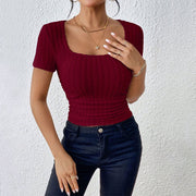 Elegant Burgundy Slim-Fit Short Sleeve T-Shirt for Women