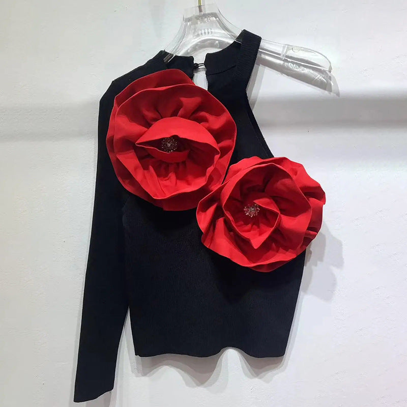 Floral Stitching Slim-Fit Knitted Top