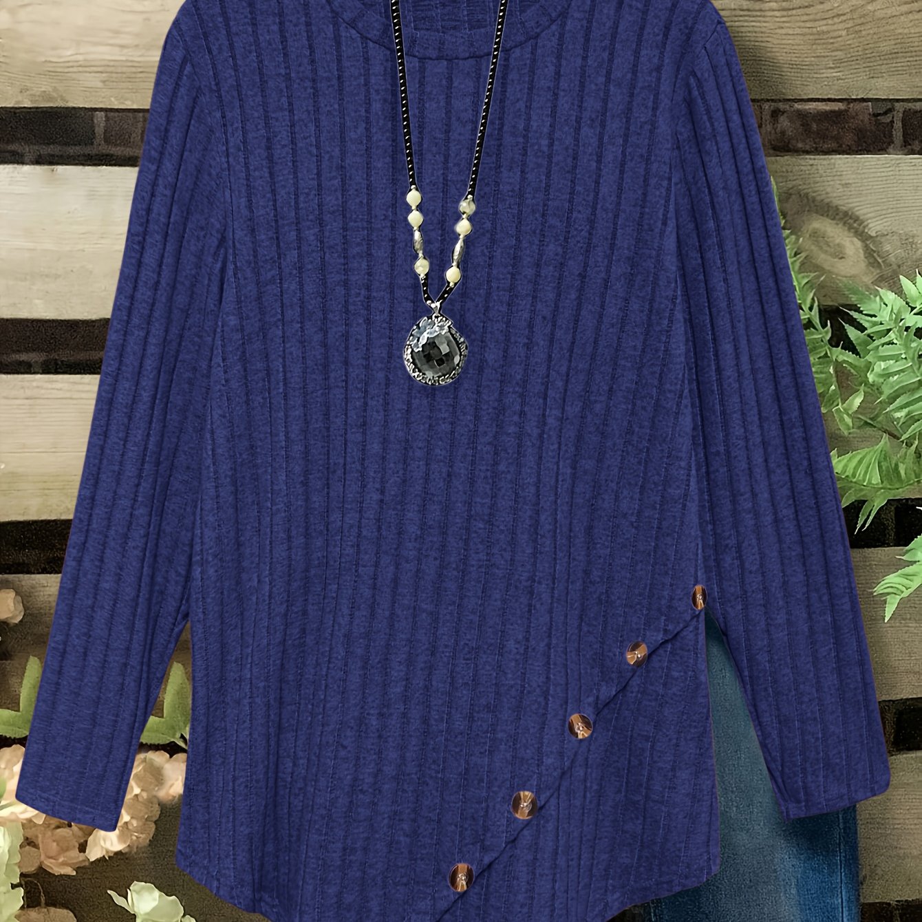 Plus Size Lightweight Ribbed Long Sleeve T-Shirt with Asymmetrical Hem