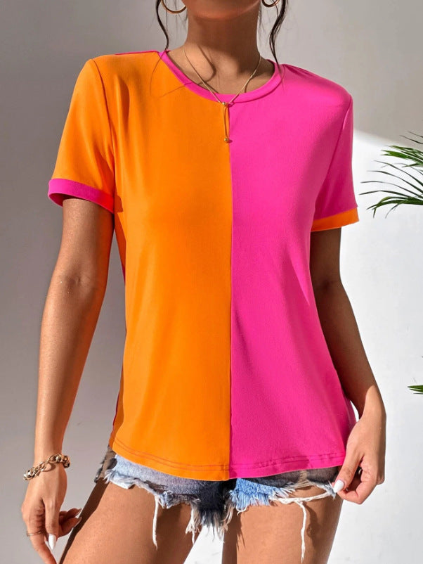 Casual Colorblock Short Sleeve Round Neck Tee