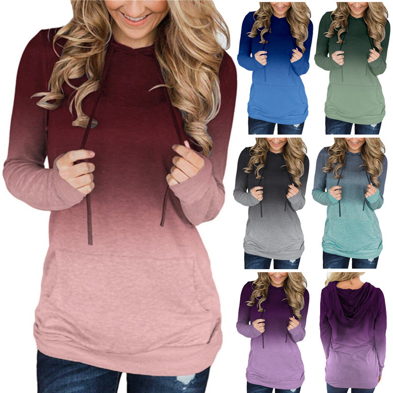 Gradient Hooded Drawstring Slim Sweatshirt