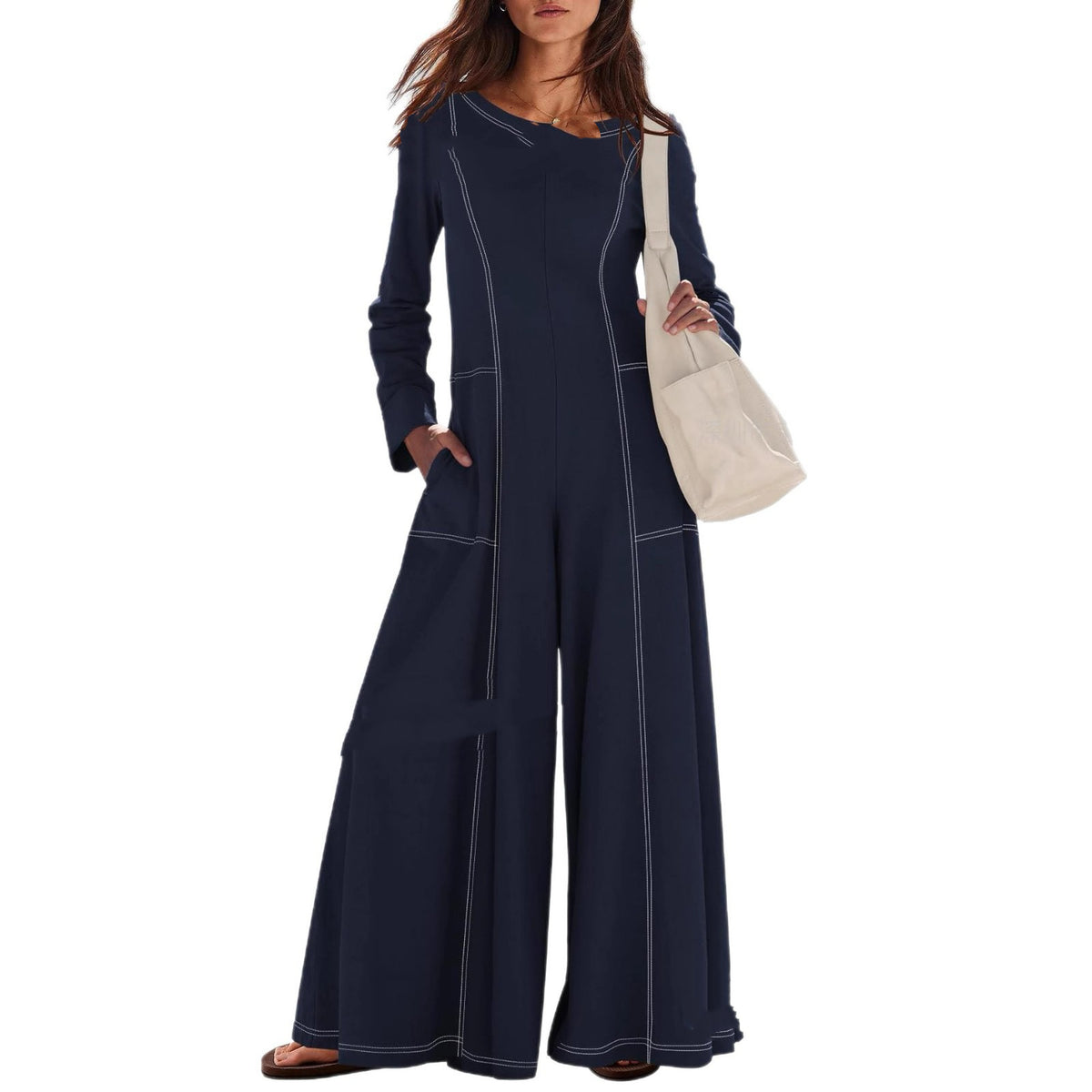Chic Striped Long-Sleeve Wide-Leg Jumpsuit