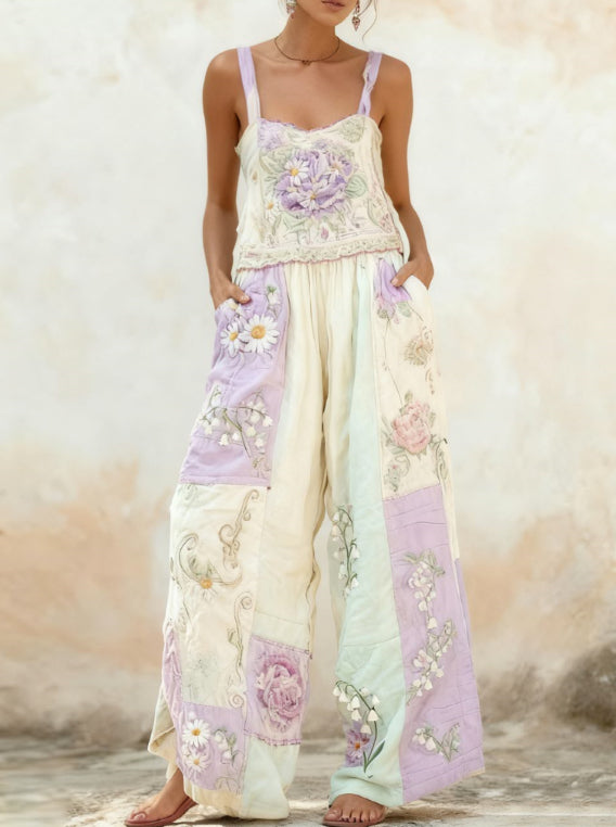 Bohemian Style Rose Embroidered Floral Patchwork Jumpsuit
