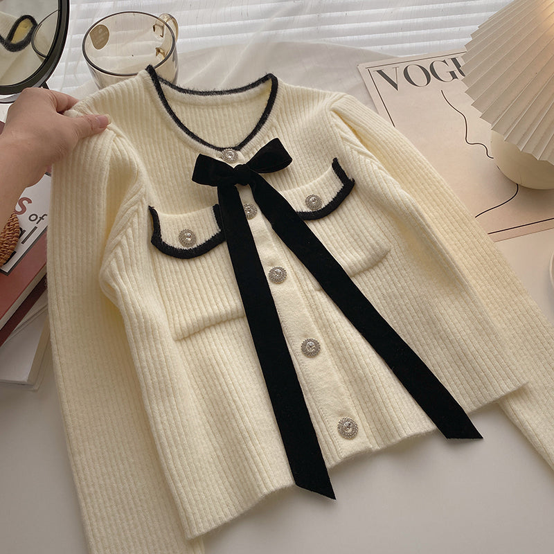 Retro Bow Diamond Cardigan French Short Top