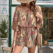 Printed Off-Shoulder Cinched Waist Short Jumpsuit For Women