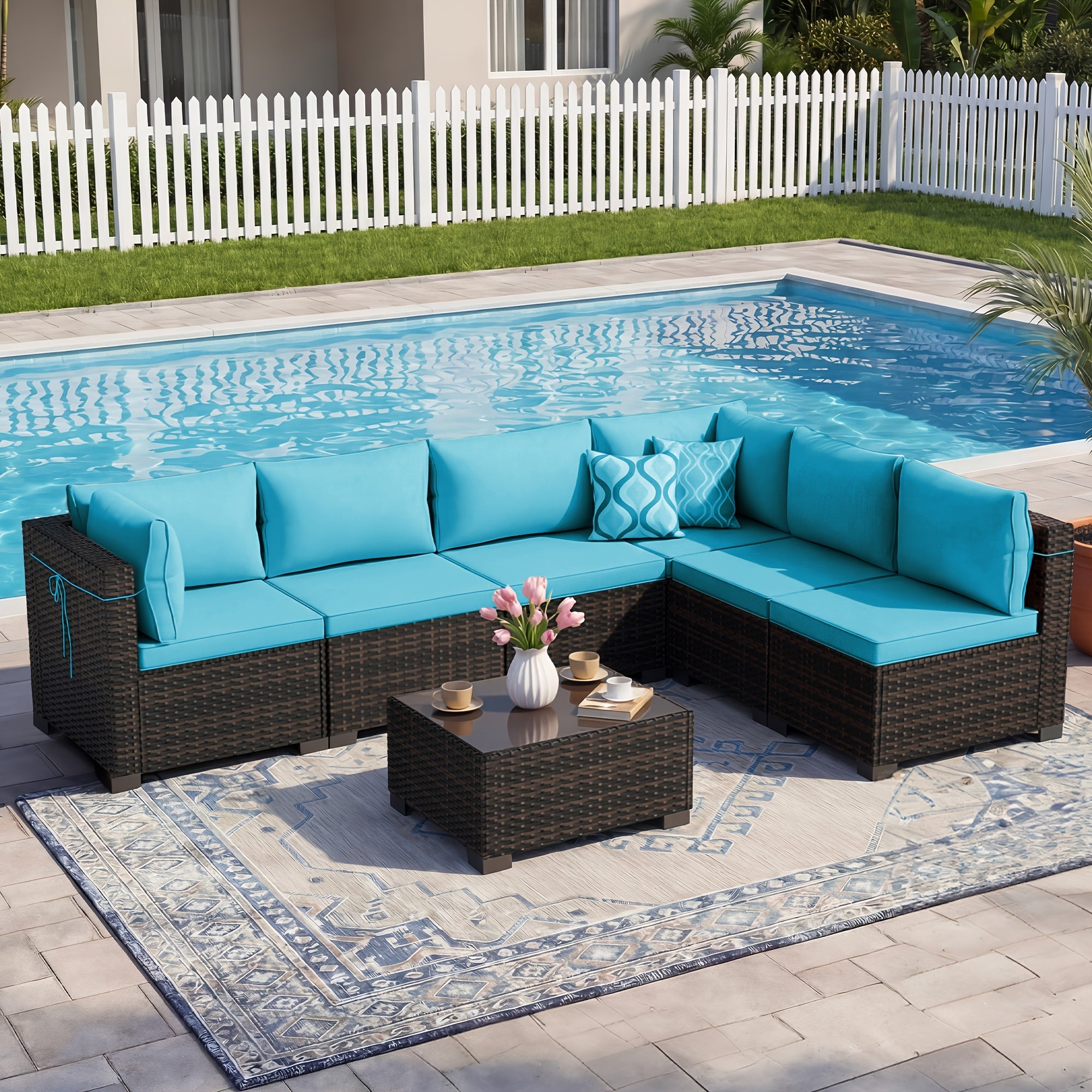 [Outdoor Patio Sets] LEVELEVE 6/7/9pcs All-Weather Outdoor Patio Furniture Sets, Rattan Conversation Sectional Set, Manual Weaving Wicker Patio Sofa with Tea Table