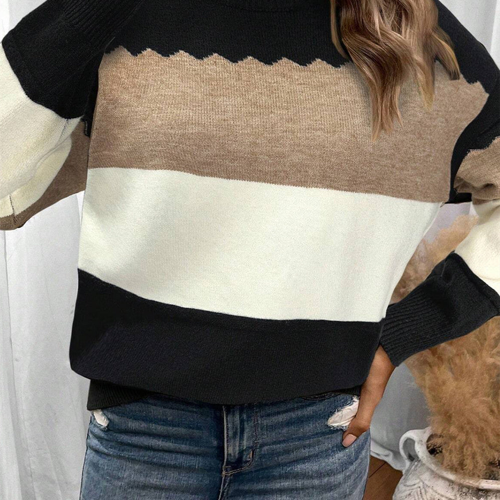 Women's Pullover Round Neck Long Sleeves Color Matching Sweater