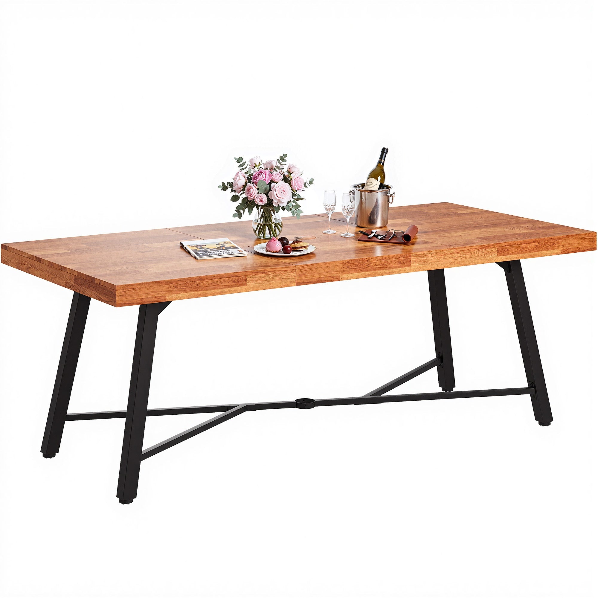 6ft Solid Wood Dining Table with Umbrella Hole, Outdoor Wooden Table for Patio Garden