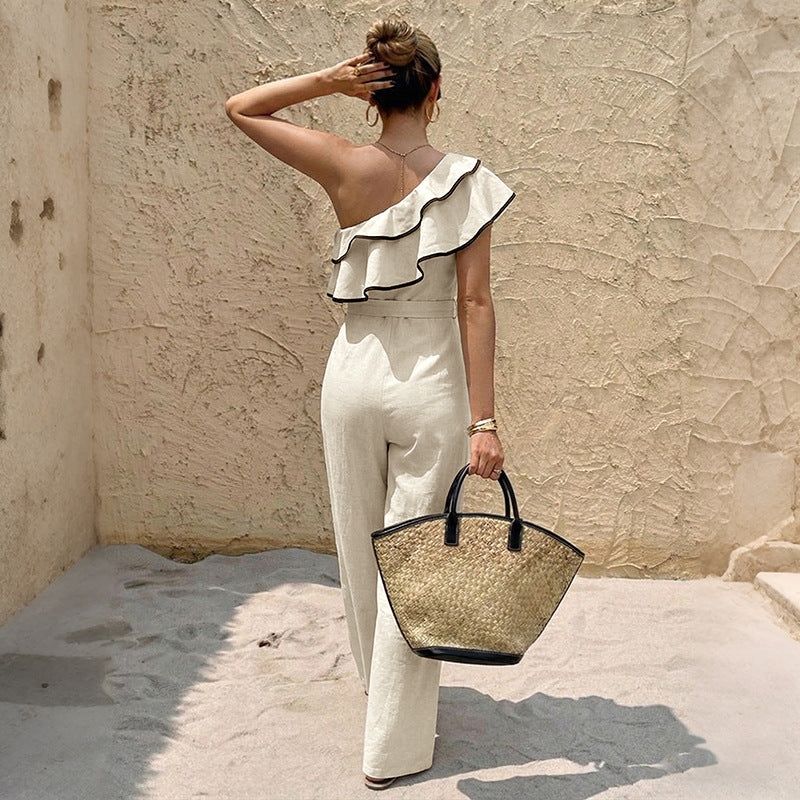 One-Shoulder Ruffle-Trimmed Drawstring Waist Jumpsuit