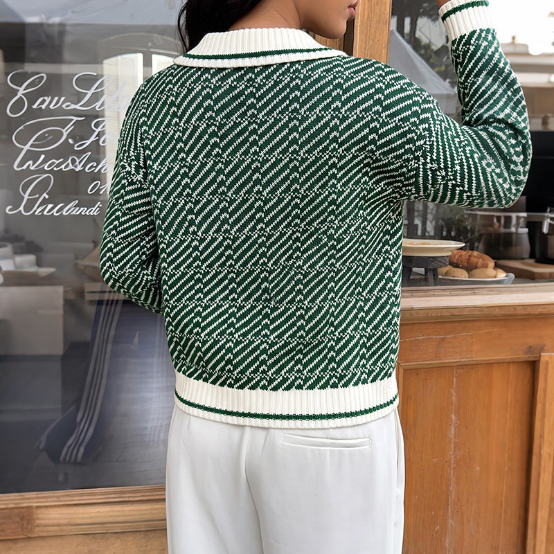Color-block Polo-collar Loose-fitting Sweater with a Half-placket