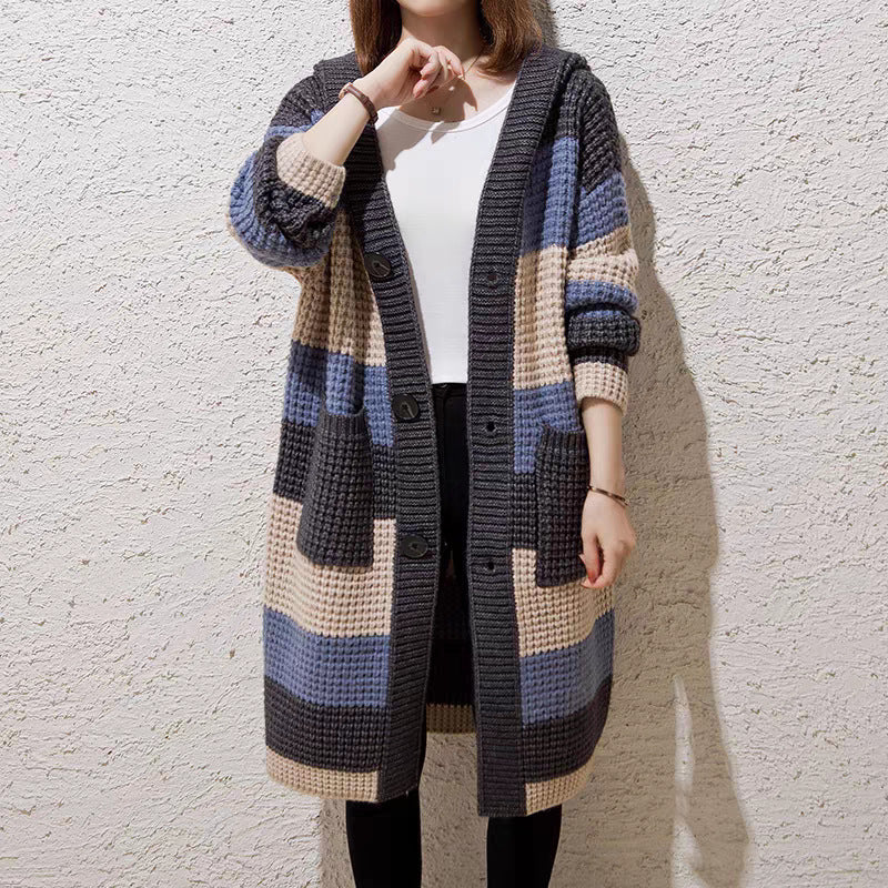 Laid-back, Relaxed-fit Mid-length Hooded Womens Sweater Coat in Chunky Knit