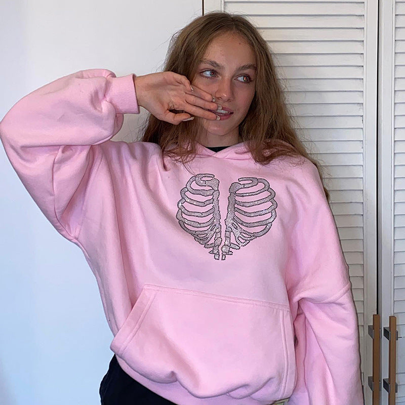 Sparkly Skeleton Rhinestone Y2K Loose Hoodie
