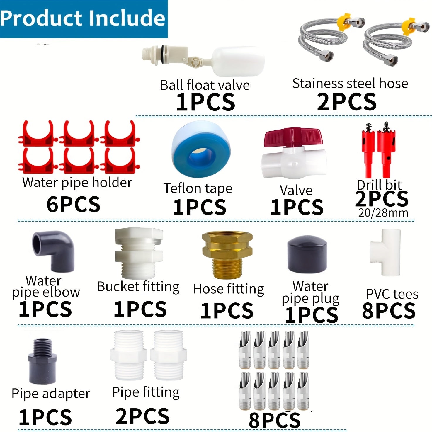 36-Piece Automatic Pig Waterer System with 8 Nipples, Float Valve, Steel Hose, Ball Valve and Pipe Adapters