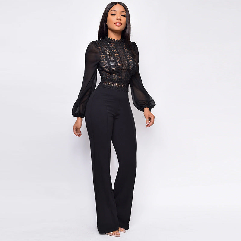 Elegant Lace Long-Sleeve High-Waist Jumpsuit