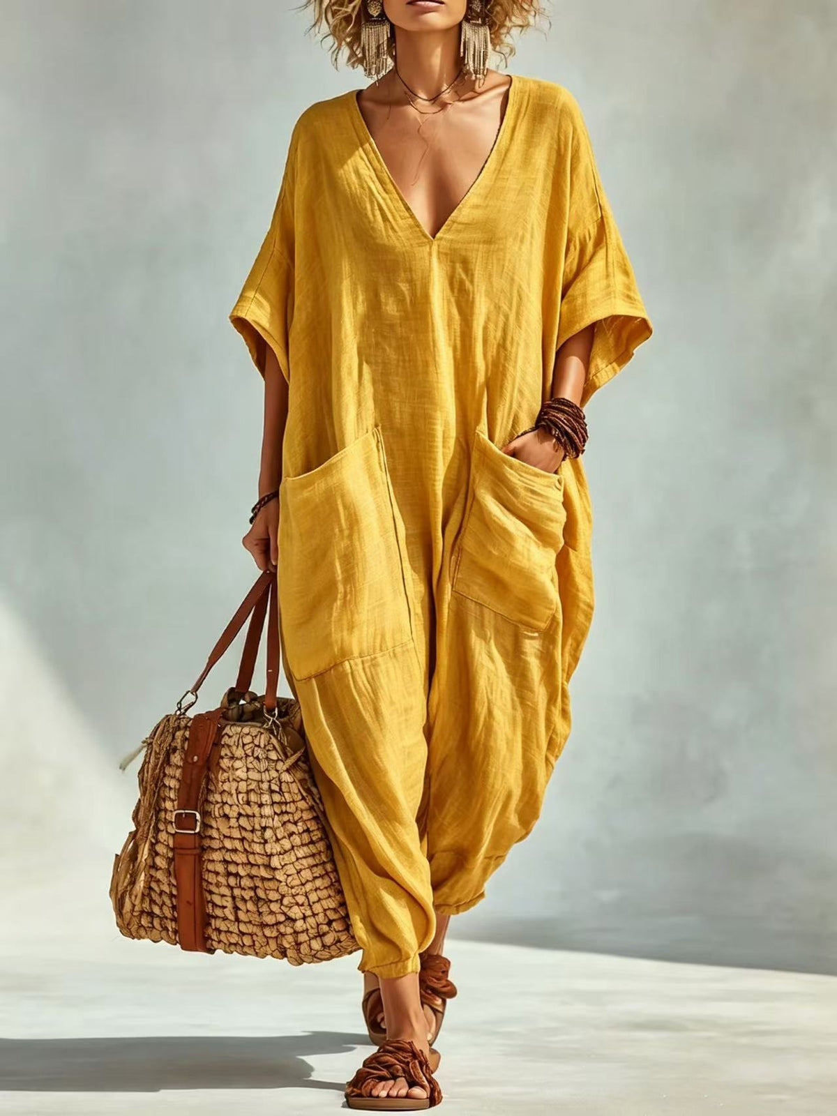 Women's Linen-Blend V-Neck Pocket Jumpsuit