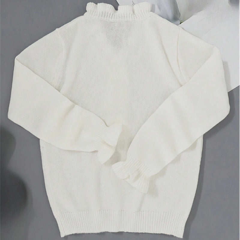 Long-sleeve Ruffled V-neck Knit Sweater