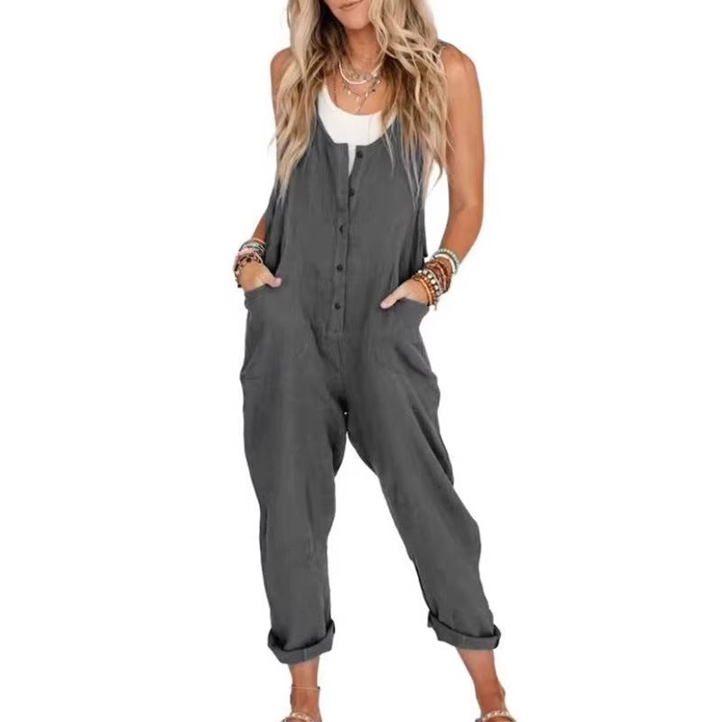 Women's Casual Loose Solid-Color Suspender Jumpsuit