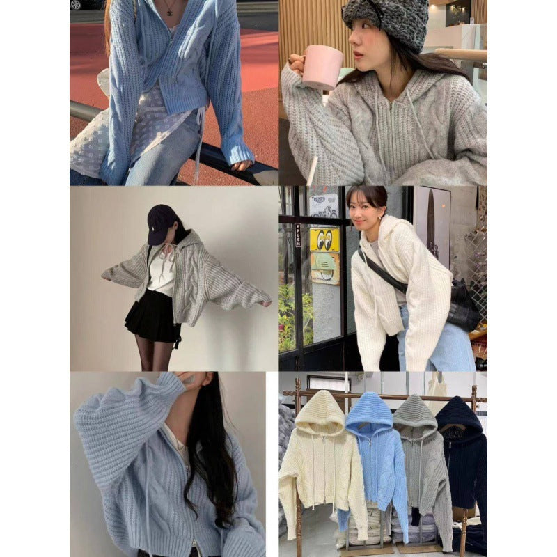 Loose and Idle Twist Hooded Double-headed Zipper Design Sweater Cardigan Coat