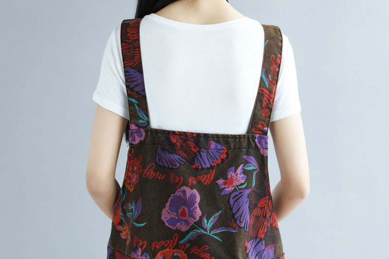 Print Distressed Big Crotch Ripped Pastoral Style Suspender Pants