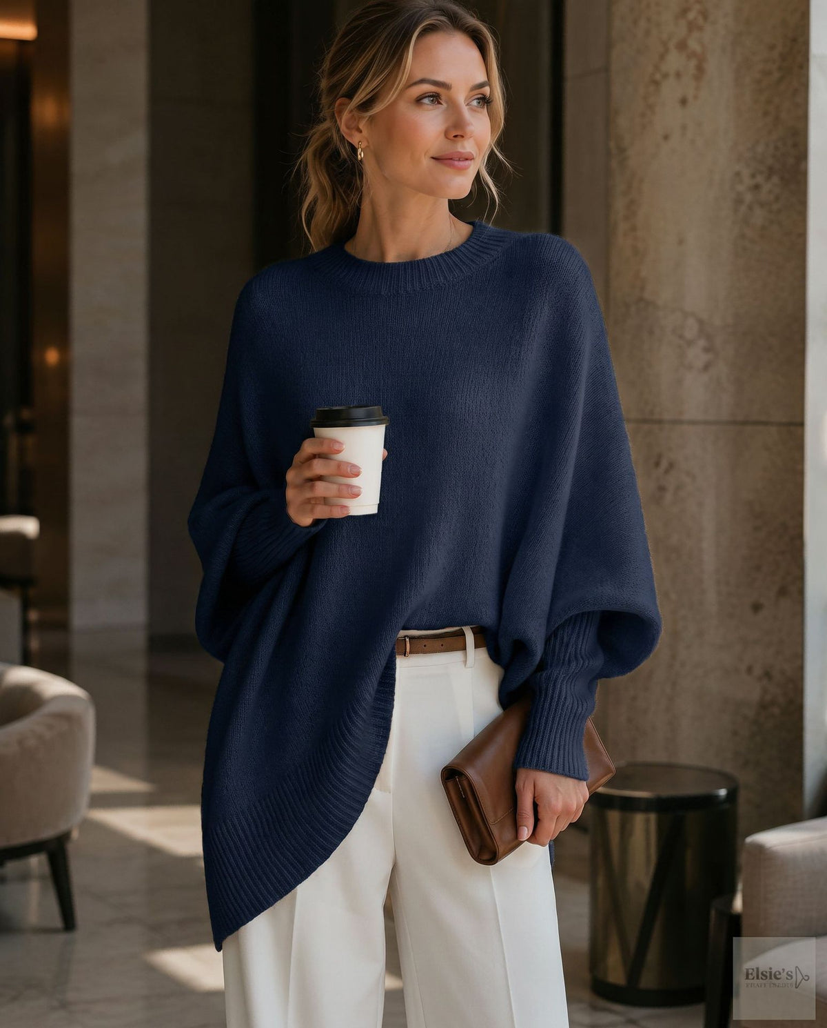 Womens Loose-fitting, Laid-back Style Crew-neck Knit Sweater