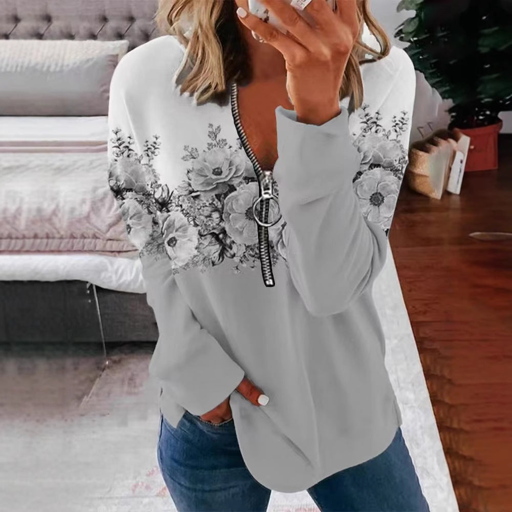 Floral Print Zip-Neck Pullover Sweater