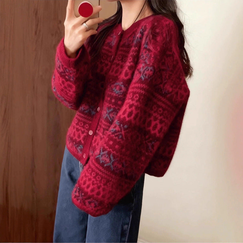 Jacquard Sweater Knitted Cardigan Coatlaid-back Uniquely Ethnic-style Sweater