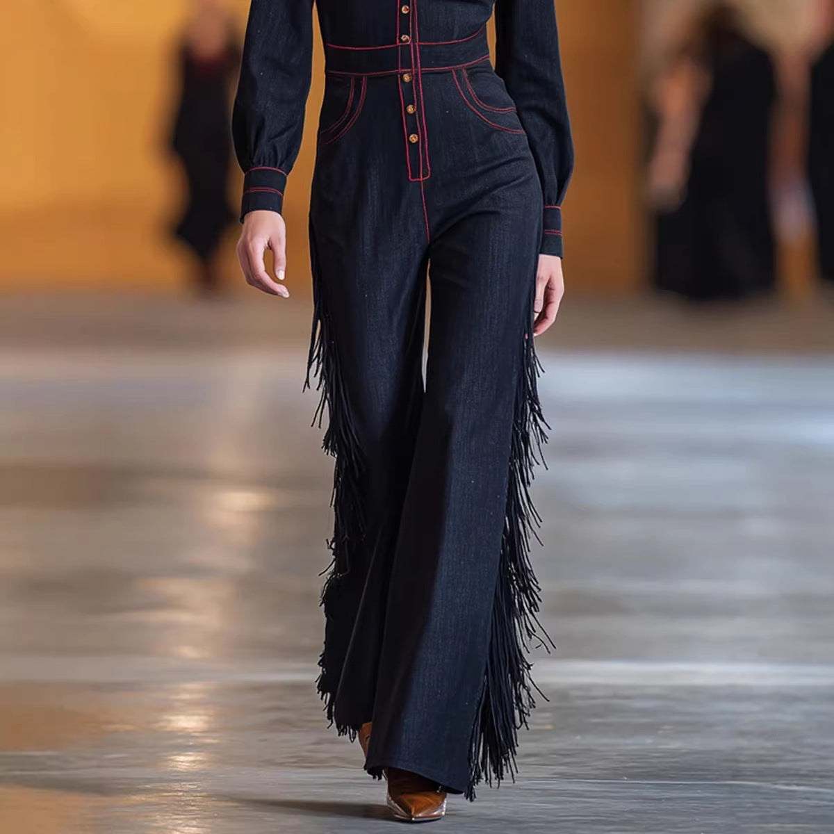 Long-Sleeve Tassel Flared Jumpsuit