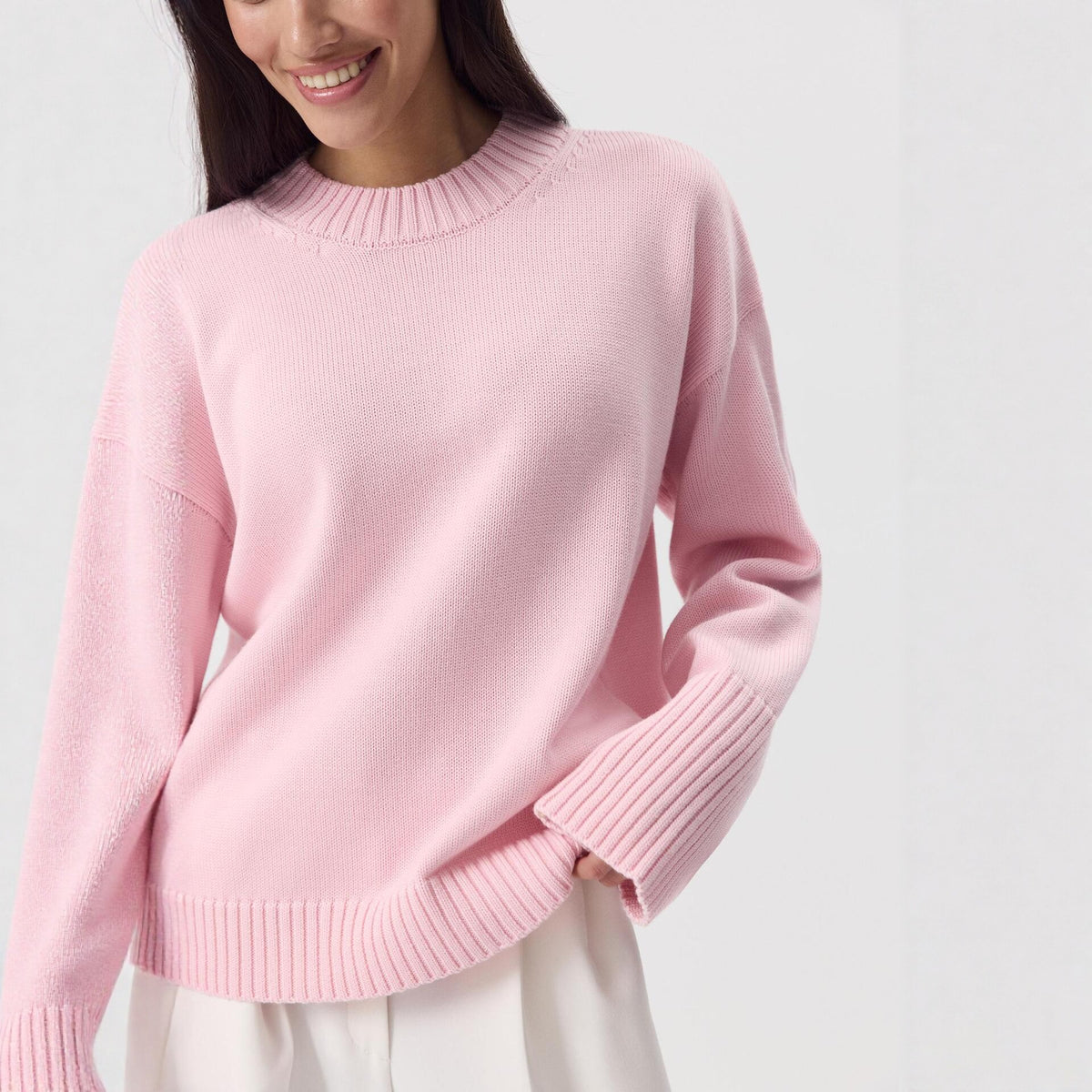 Loose-fit Crew-neck Pure Cotton Knit Lazy-style Sweater for Women