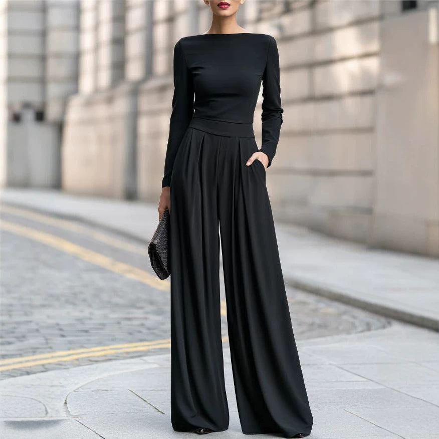 Women's Casual Wide-Leg Long-Sleeve Jumpsuit