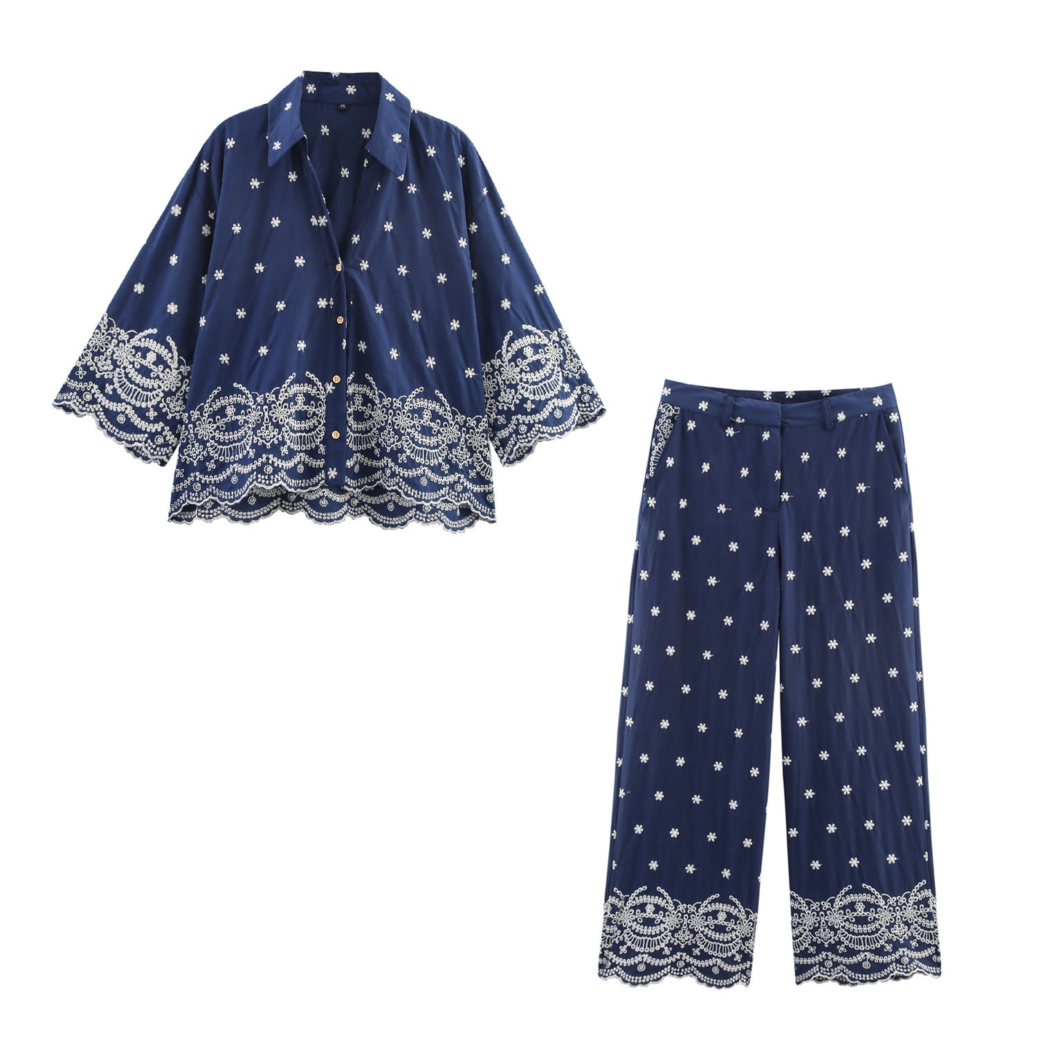Retro Embroidered Polka Dot Long Sleeve Blouse