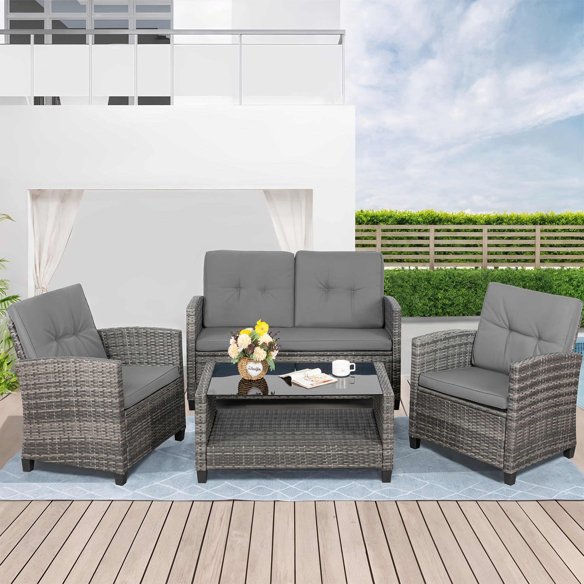 [Outdoor Rattan Set] 4pcs Outdoor Rattan Patio Furniture Set With Foam Cushions & Coffee Table - Wicker Sofa Suitable For Porch, Deck, Backyard, Small Space Conversation Set With Cushioned Seating, Rattan For Balcony Or
