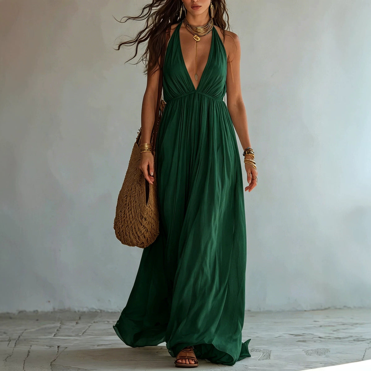 Deep V-neck Halter Backless Dress for Women