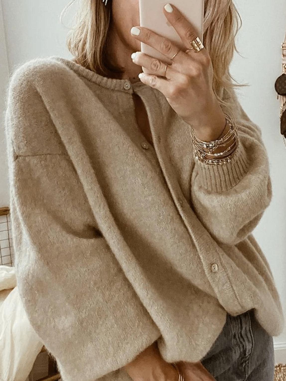 Oversized Crew Neck Button Knit Cardigan Women Soft Puff Sleeve Sweater Coat