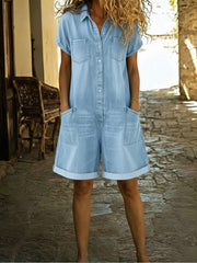 Washed Denim Short-Sleeve Pocket Jumpsuit