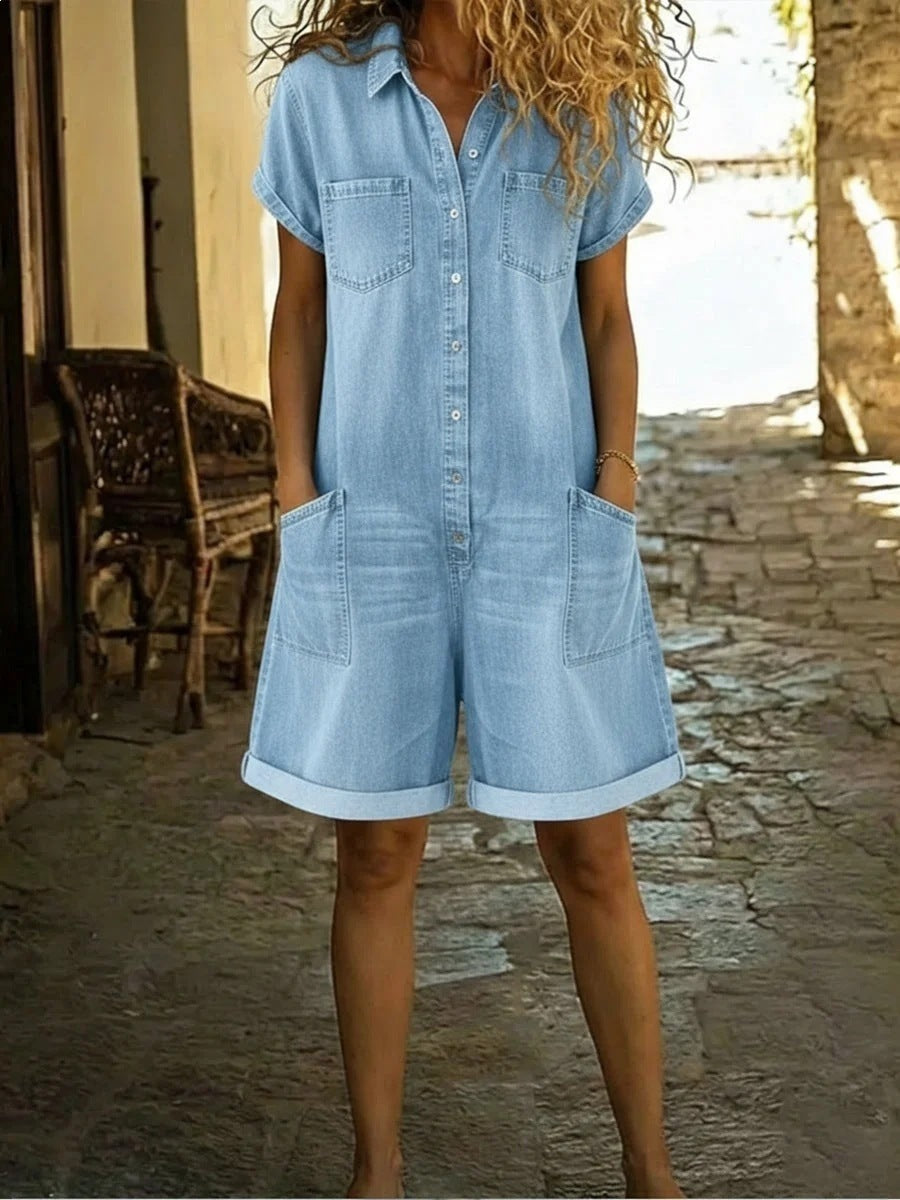 Washed Denim Short-Sleeve Pocket Jumpsuit
