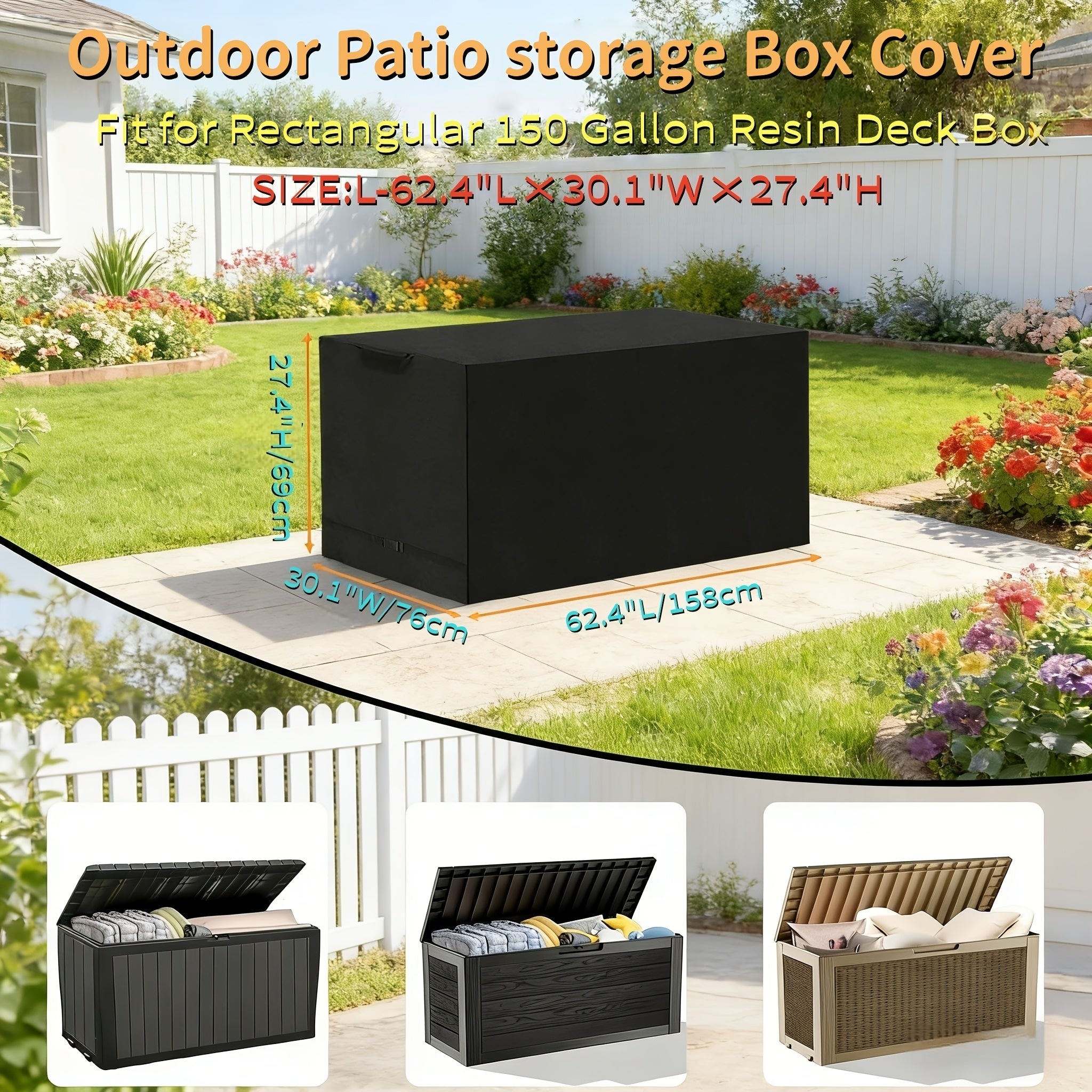[2 Sizes Available] 1pc Deck Box Cover - Outdoor Storage Box Cover, Heavy-Duty Patio Storage Box Cover, 2 Sizes Available, for Outdoor Storage Box, Cabinet and Rack, Black