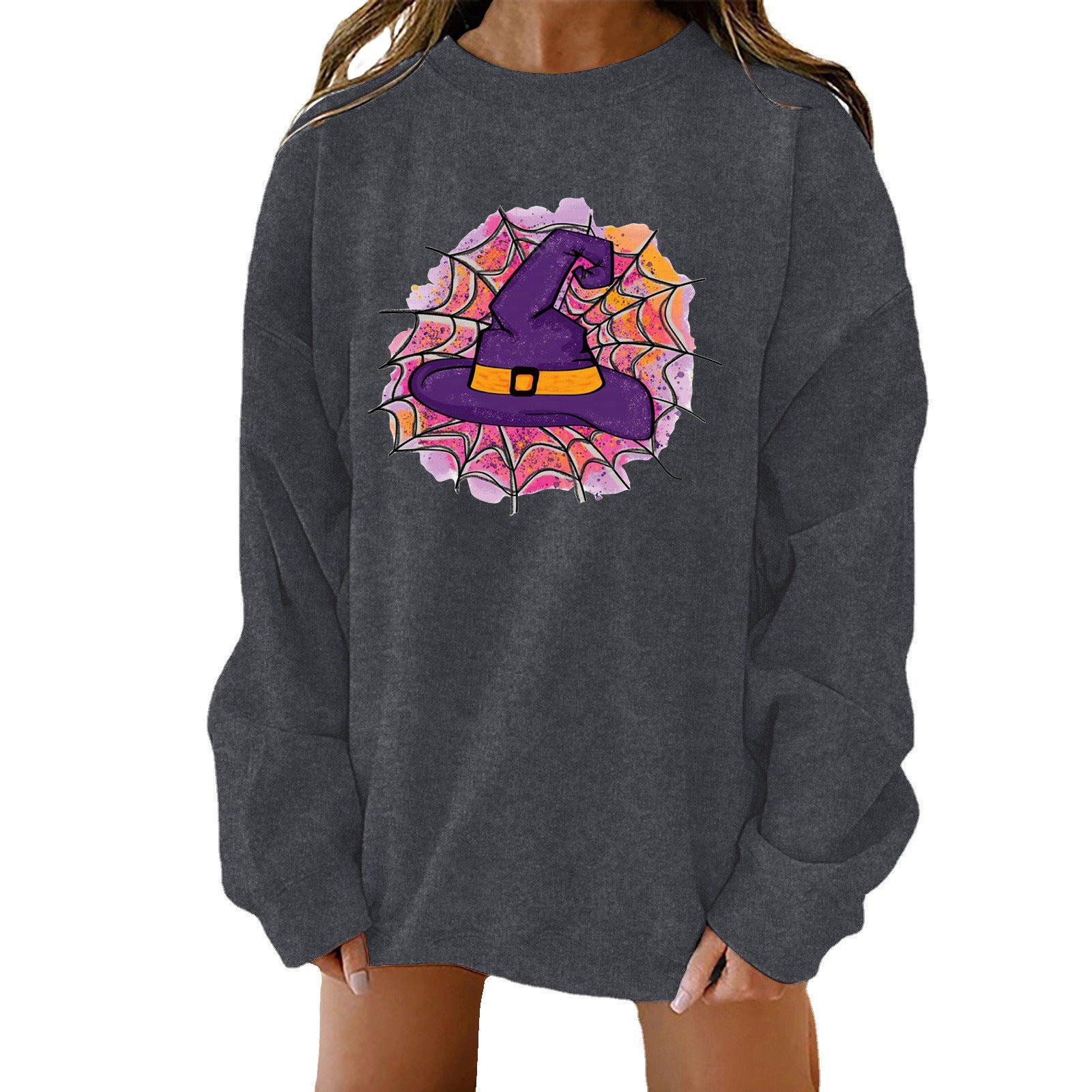 Spooky Chic Halloween Print Loose Crewneck Sweatshirt